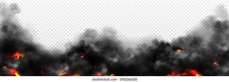 Realistic smoke with fire glow or sparks border. Burning flame, campfire, blaze effect frame, glowing red shining flare with black steam, 3d vector illustration isolated on transparent background