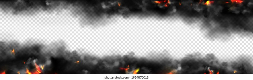 Realistic smoke with fire glow or sparks border. Burning flame, campfire, blaze effect frame, glowing red shining flare with black steam, 3d vector illustration isolated on transparent background