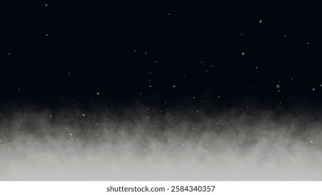 Realistic smoke, fog, vapor, steam cloud background with particles flying up. White smoke slowly floating through space on a dark background. Vector illustration.