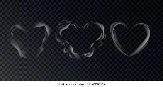 Humo realista en forma de corazón. Conjunto de ilustraciones vectoriales. Vapor caliente sobre agua, té, comida, café sobre fondo transparente oscuro. Símbolos románticos