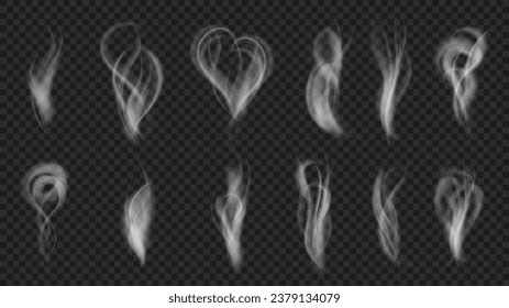 Realistic smoke. Hookah or cigarette smoke waves, hot tea or coffee vapor and steam flow effect vector overlay set. Warm drink aroma swirls, tobacco smoke effect isolated collection