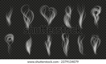 Realistic smoke. Hookah or cigarette smoke waves, hot tea or coffee vapor and steam flow effect vector overlay set. Warm drink aroma swirls, tobacco smoke effect isolated collection