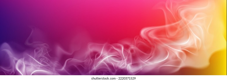 Realistic smoke on abstract colored background. White fog or fume wave in neon purple, pink and yellow light, aroma steam, vapor, template for banner, hookah bar ads, Vector illustration