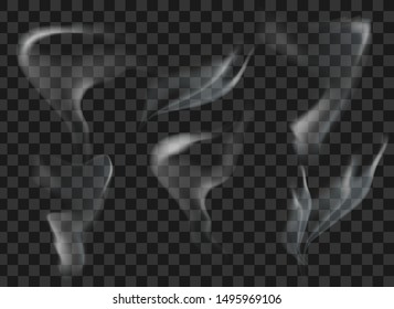 Realistic smoke on transparent background. Vector illustration with special smoke effect.Vector isolated realistic cigarette smoke waves.