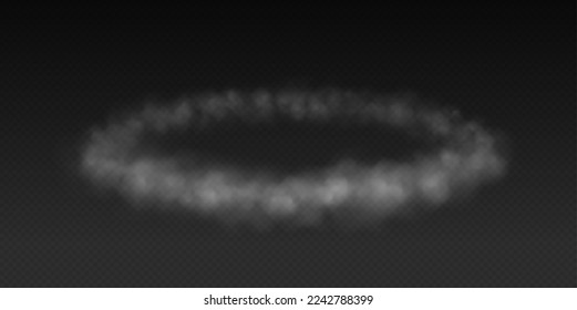 Realistic smoke ring, white fog, smog, haze, mist or cloudiness effect isolated on transparent background. Vector illustration.