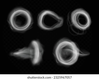 Realistic smoke rings. Circle steam ring puff effect after vape cigarette or hookah, rounded swirls vaping smoky cloud from pipe, round air wind set exact vector illustration of circle cloud ring