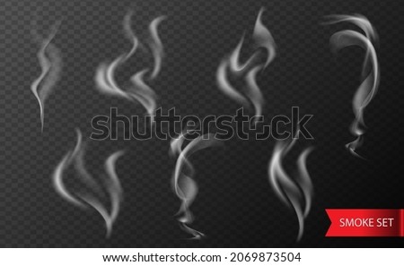 Realistic smoke set. Collection of smokes from cigarettes, hot food or drink isolated on transparent background