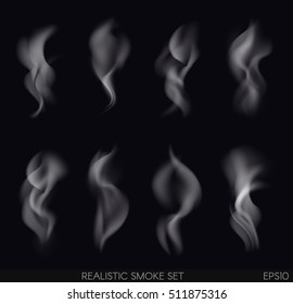 Realistic smoke set on dark background. Cigarettes smoke. Cigarette smoke waves.Vector Illustration.