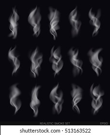 Realistic smoke set on dark background. Cigarettes smoke. Cigarette smoke waves.Vector Illustration.