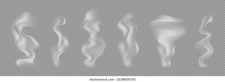 Realistic Smoke or steam effect from hot drink or food. Clouds of white trace from cigarette or hookah, haze from hot dish or mug. 3d overlay smoky fog set.
