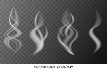 Realistic smoke, steam illustration set with soft flowing shapes and transparent textures. Overlays, special effects, hot drinks, cooking fume waves