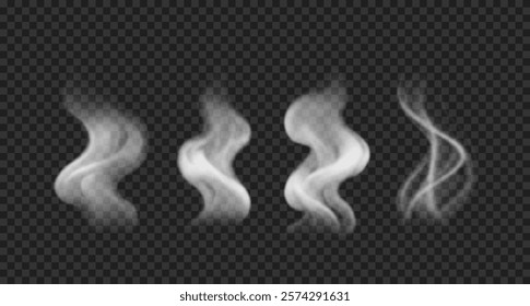 Realistic smoke, steam on water, bbq, hot drinks, food. Set of vector white fog, haze isolated on transparent backdrop