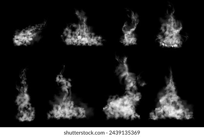 Realistic smoke or steam with swirls and foggy texture. Vector vapor from hot liquid or ground. Powder or condensation, cloudiness from fumes or evaporation of chemicals, odors flow stream