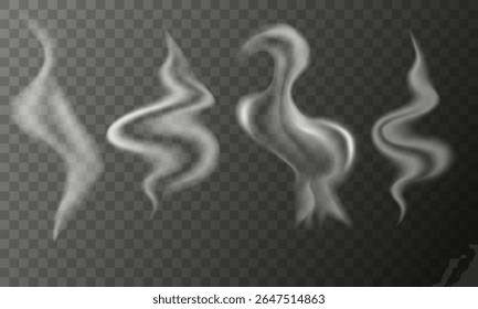 Realistic smoke and steam vector set. Overlays, hot drinks, cooking, backgrounds elements design. 