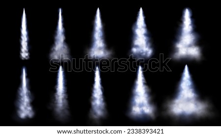 Realistic smoke trails set isolated on black background. Vector illustration of condensation lines left by aircraft in sky, missile launch contrail, rocket flight, space mission, aviation speed effect
