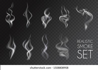 Realistic smoke transparent icon set white abstract object cigarette smoke steam from coffee par example vector illustration