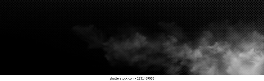 Realistic smoke, white clouds or fog on black background. Cloudy texture, gas, spooky mist, smog. Haze or heaven horizontal backdrop template with copy space, monochrome Vector illustration