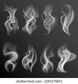 Realistic smoke. White food steam hookah hot tea coffee smoke texture isolated on black background