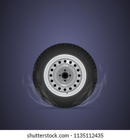 Realistic Smoking Car Wheel, With Shadow And Smoke. Vector Eps10