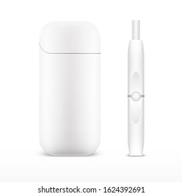 Realistic smoking heating tobacco system. 3d electronic heat-not-burn cigarette. Steam and vapor, heat stick for nicotine. Device for smoker habit quit. E-cigarette and heatsticks, electric vaping