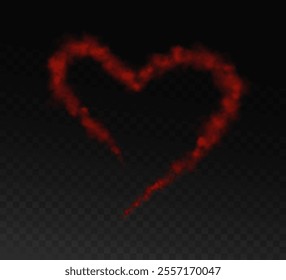 Realistic smoky fluffy heart shaped cloud on transparent background. Romantic smoky red translucent cloud in the shape of a heart. Vector illustration for your graphic design.