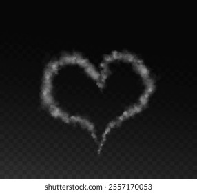 Realistic smoky fluffy heart shaped cloud on transparent background. Romantic smoky white translucent cloud in the shape of a heart. Vector illustration for your graphic design.