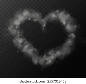 Realistic smoky fluffy heart shaped cloud on transparent background. Romantic smoky white translucent cloud in the shape of a heart. Vector illustration for your graphic design.	