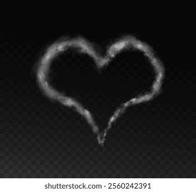 Realistic smoky fluffy heart shaped cloud on transparent background. Romantic smoky white translucent cloud in the shape of a heart. Vector illustration for your graphic design.	