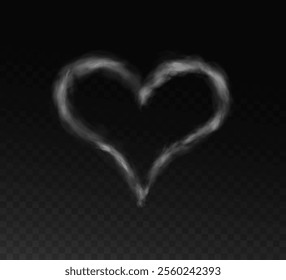 Realistic smoky fluffy heart shaped cloud on transparent background. Romantic smoky white translucent cloud in the shape of a heart. Vector illustration for your graphic design.	