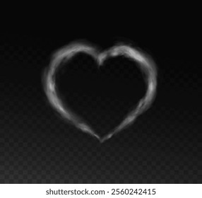 Realistic smoky fluffy heart shaped cloud on transparent background. Romantic smoky white translucent cloud in the shape of a heart. Vector illustration for your graphic design.	