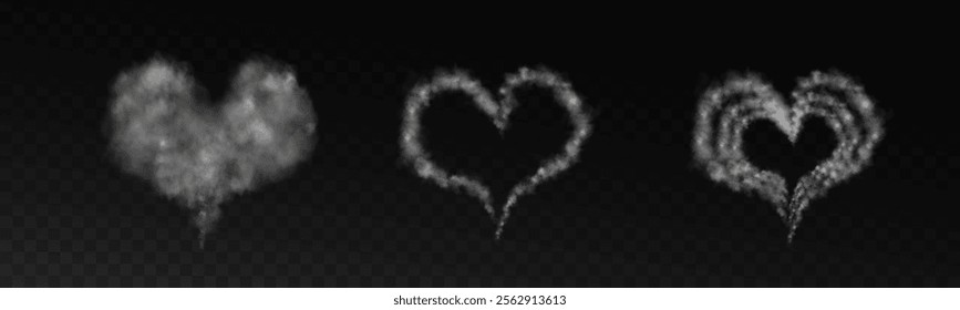 Realistic smoky fluffy heart shaped cloud on transparent background. Romantic smoky white translucent cloud in the shape of a heart. Vector illustration for your graphic design.	