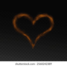 Realistic smoky golden fluffy heart shaped cloud on transparent background. Romantic golden translucent smoke floating in the shape of a heart. Vector illustration for your graphic design.	