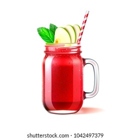 Realistic smoothie mason glass jar. Vector strawberry, watermelon fruit juice drink with sliced apple mint straw. Healthy fitness cocktail, sweet raw organic summer shake, diet lifestyle illustration