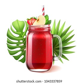 Realistic smoothie mason glass jar. Vector strawberry, watermelon fruit juice drink with sliced apple mint straw. Healthy fitness cocktail, sweet raw organic summer shake, tropical leaves background