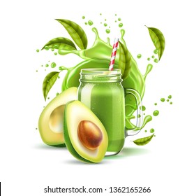 Realistic smoothie mason jar with straw and avocado fruit halves on green juice splash motion. Detox cocktail for healthy lifestyle. Vector vitamin cocktail in juicy explosion flow.