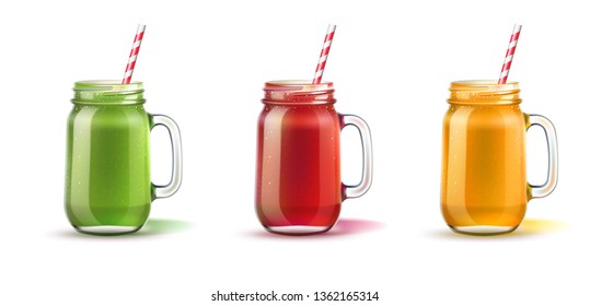 Realistic smoothie in mason jar with straw set. Fruits and vegetables mix in red, orange green glass jar. Detox cocktail for healthy dieting. Spinach, strawberry, mango shakes. Vector vitamin cocktail