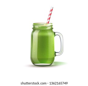 Realistic smoothie mason jar with straw. Green fruits and vegetables mix in glass jar. Detox cocktail for healthy dieting. Spinach, kiwi and celery shake. Vector vitamin cocktail