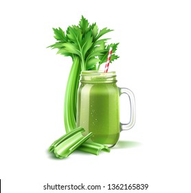 Realistic smoothie mason jar with straw and celery stems. Green fruits and vegetables mix in glass jar. Detox cocktail for healthy dieting. Spinach, kiwi and celery shake. Vector vitamin cocktail