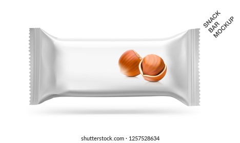 Realistic snack bar with hazelnuts. Front view. Vector illustration isolated on white background. Ready for use in presentation, promo, advertising and more. EPS10.