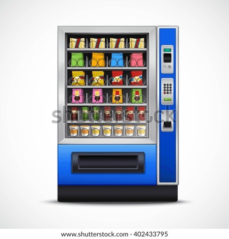 Realistic snacks vending machine with nuts chips sandwiches chocolates and beverages on white background isolated vector illustration