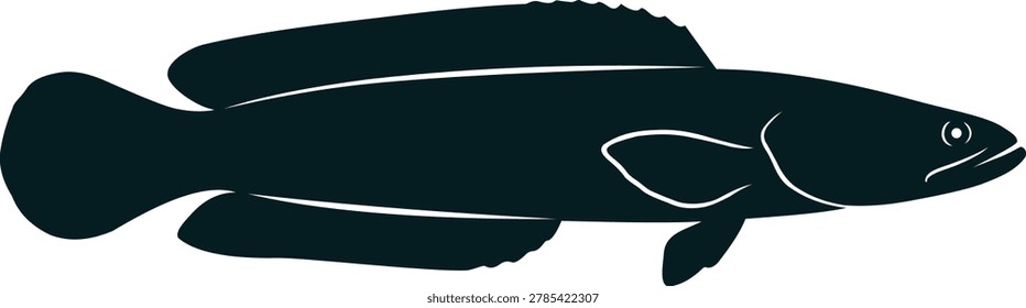 Realistic snakehead fish silhouette vector illustration featuring elongated freshwater predator anatomy with clean black minimalist styling. Isolated aquatic artwork inspired by Channa striata, suitable for fishing brands, seafood logos, outdoor graphics, sports mascots, and commercial wildlife projects.