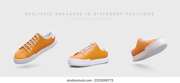 Realistic sneakers, view from different sides. Fashionable modern shoes with laces. Sports style. Isolated vector icon set. Sneakers for left and right foot