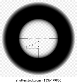 Realistic sniper scope sight. Sniper scope with measurement marks on transparent background. Black overlay in sniper scope crosshairs view. Realistic military optical sight.