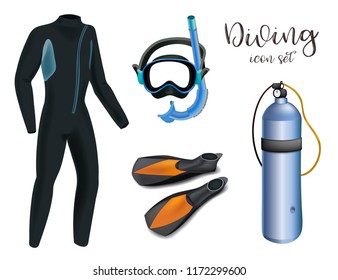 Realistic snorkeling and scuba diving set of elements. Scuba-diving gear isolated. Diver wetsuit, scuba mask, snorkel, fins, regulator dive icons.