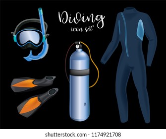 Realistic snorkeling and scuba diving set of elements. Scuba-diving gear isolated. Diver wetsuit, scuba mask, snorkel, fins, regulator dive icons.