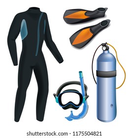 Realistic Snorkeling And Scuba Diving Set Of Elements. Scuba-diving Gear Isolated. Diver Wetsuit, Scuba Mask, Snorkel, Fins, Regulator Dive Icons.