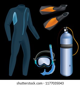 Realistic snorkeling and scuba diving set of elements. Scuba-diving gear isolated. Diver wetsuit, scuba mask, snorkel, fins, regulator dive icons.