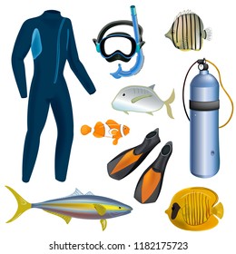 Realistic snorkeling and scuba diving set of elements. Scuba-diving gear isolated. Diver wetsuit, scuba mask, snorkel, fins, regulator dive icons. Fish.