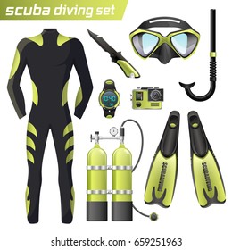 Realistic snorkeling and scuba diving set of elements. Scuba-diving gear isolated. Diver wetsuit, scuba mask, snorkel, fins, regulator dive icons.