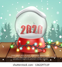 Realistic Snow Ball with 3d Text 2020.Christmas illustration.Vector